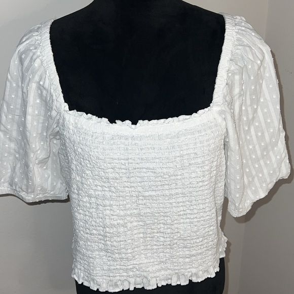 LOFT clipped smocked white square neck cotton top blouse Sz L - Picture 4 of 9
